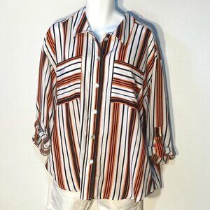 Ruby Rd. SZ 2X navy, coral & white stripe blouse long or roll tab sleeve comfy